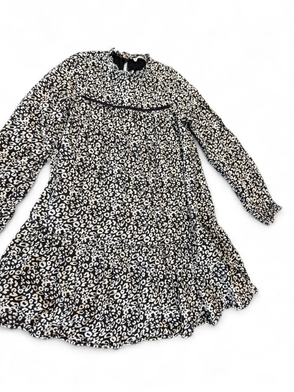 Mango Black and White Leopard Print Long Sleeve tiered Girls Dress